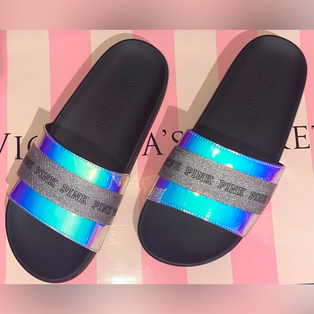 New Victoria’s Secret PINK slides flip flops pink sandals holo iridescent silver
